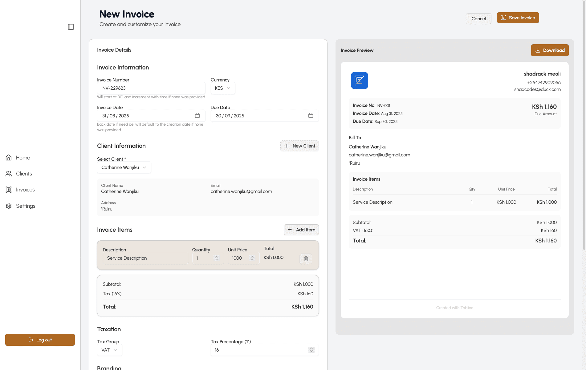 Tabline invoice builder interface